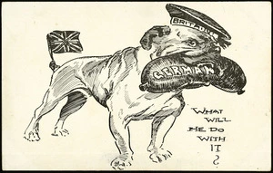 [Blomfield, William?], 1866-1938 :What will he do with it? "N.Z. Observer" postcard [ca 1914].