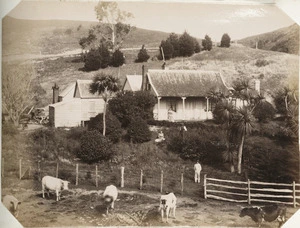 Unidentified farm house, out-buildings, and garden