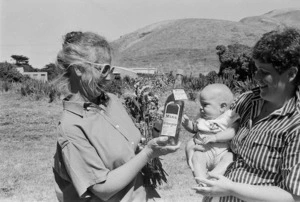 Wife of the Governor General, Lady Reeves, with Jann Hook, wife of the manager of Mana Island reserve in Porirua, Wellington - Photograph taken by Merv Griffiths