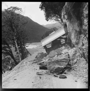 Rock fall on the Haast Road, Westland, New Zealand