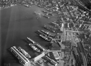 Aerial view of Wellington wharves and railway yards