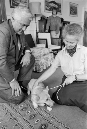 Governor General Sir Paul Reeves, and Lady Reeves, with their new corgi puppy - Photograph taken by Ross Giblin