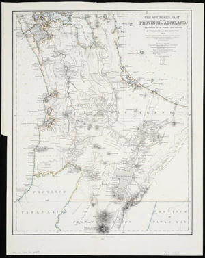 The southern part of the province of Auckland : explanatory of the routes and surveys by Dr. Ferdinand von Hochstetter, 1859 / from the original drawings, sketches and measurements by Dr. von Hochstetter and the Admiralty surveys by Stokes and Drury compiled by A. Petermann.