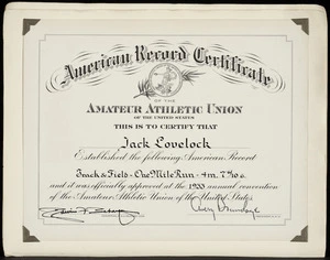 Amateur Athletic Union Certificate for Jack Lovelock's American one mile record
