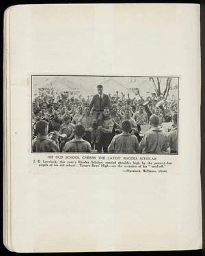 Newspaper cutting of Jack Lovelock being carried shoulder high by pupils of Timaru Boys' High School