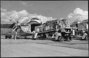 Straits Air Freight Express Ltd Bristol Freighter being loaded by the patented system of cargons and a traverser