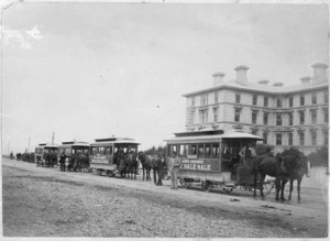 Horse drawn trams outside Government Buildings, Lambton Quay, Wellington