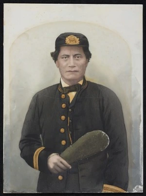 Artist unknown :[Portrait of Hohepa Tamaihengia in European dress holding a mere. 1890s?]