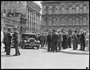 Men, possibly unemployed, and others in Post Office Square, Wellington