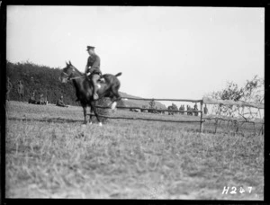 A horse and rider clear a jump at the Anzac Horse Show, World War I