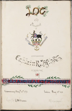 Frontispiece for log book of Pacific tour aboard HMS Minotaur, HMS Pearl and HMS Sappho