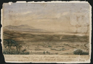 Liardet, Wilbraham Frederick Evelyn, 1799-1878 :View from Mount Puke Kawa of the embuchure and meanderings of the River Thames, to Mt Aroha (or Mt of Love), with Te Karapoti Pahus kainga in the foreground. Parawai on the Kawaeranga River. 1869.