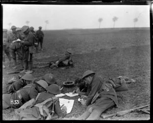 New Zealand officers study maps during a training exercise, World War I