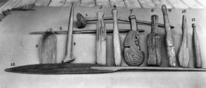 Remarkable series of weapons and artifacts from the bed of Lake Horowhenua found by Messrs Black Bros and R Gettins, of Levin; all except no 7 adjacent to the former island pa of Waikiekie and Roha-te-kawau. 10 November 1931