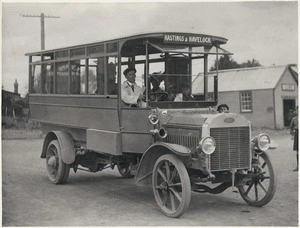 Creator unknown : Photograph of a Hastings Transport Company bus, at Havelock North, Hawke's Bay