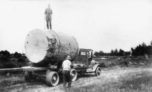 Hamilton and Jones' Republic truck, with log loaded on the back, in the Hikutaia-Thames area