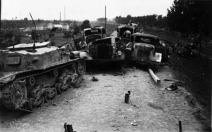 Tanks and trucks destroyed by artillery and air force, Italy