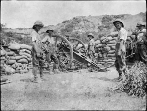 British troops from 69th Brigade, D Battery, with a howitzer, at Gallipoli Peninsula, Turkey, during World War I