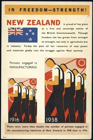 Postcard. In freedom - strength! Persons engaged in manufacturing. R.J. 51-761 [ca 1939]