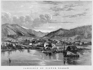 Photograph of a wood engraving depicting the township of Picton