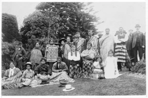 Maori group portrait, outdoors; occasion, and location, unidentified