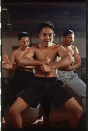 Production still of Boogie Heke performing a haka