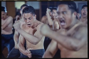 Production still of an unidentified teenage boy performing haka