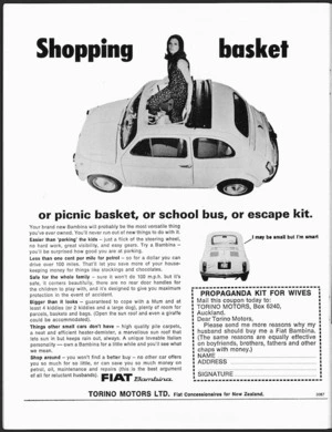 Fiat (Firm) :Shopping basket or picnic basket, or school bus, or escape kit. Your brand new Bambina will probably be the most versatile thing you've ever owned. Torino Motors Ltd, Fiat concessionaires for New Zealand [1969]