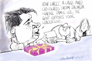 Simon Bridges receives a card and chocolates from Jacinda