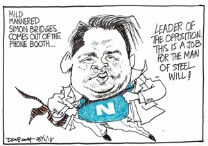 Mild mannered Simon Bridges comes out of the phone booth