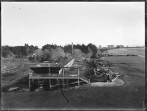 Grandstand destroyed by fire, possibly at Riccarton Racecourse, Christchurch