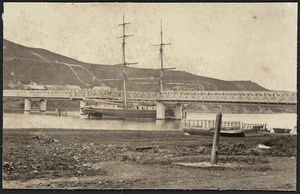 A ship going through the opened Victoria Bridge, across the Whanganui River, Wanganui