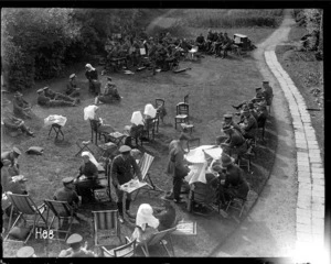 Nurses of the New Zealand Stationary Hospital give a garden party in the grounds