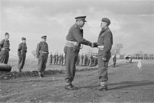 General Freyberg congratulating Lieutenant Colonel E K Norman on being awarded the Military Cross, Volturno Valley, Italy - Photograph taken by George Kaye