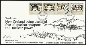 Peace Movement Aotearoa :To celebrate New Zealand being declared free of nuclear weapons and nuclear power. First day cover, October 24 International Disarmament Week; United Nations International Year of Peace, [stamped] Nuclear Free Aotearoa, Nuclear Free New Zealand, 24 Oct 1986.