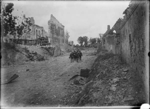 New Zealanders advancing through the recaptured village of Fremicourt, World War I