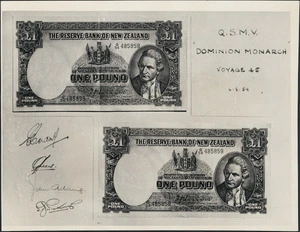 Two New Zealand one pound notes with identical serial numbers