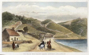 Brees, Samuel Charles, 1810-1865 :The beach near Major Baker's residence, Wellington. Pictorial Illustrations of New Zealand. Plate 18.[number] 53. Drawn by S C Brees, late principal surveyor to the New Zealand Company. Engraved by Henry Melville. [1847].