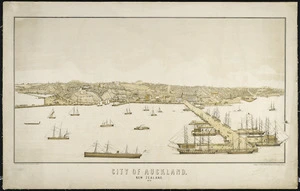 Hammett, J M (Mr), fl 1876 :City of Auckland 1876. [Drawn by A. Hutchinson, from a sketch by J.M. Hammett, chromolith. by W.C. Wilson. Auckland; G.T. Chapman, [1876].