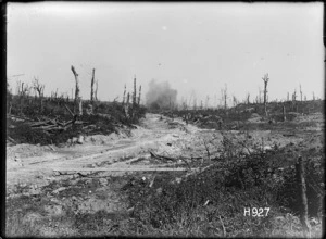 A German shell bursting on the road, Puisieux, France
