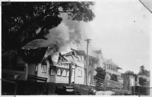 The Gables boarding house, and the Duke of Marlborough hotel on fire, Russell - Photograph taken by Marie King