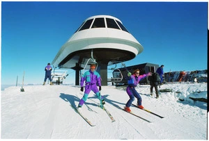 Skiers launched from the top of the new high-speed Coronet Express chairlift, at Coronet Peak, Otago - Photograph taken by Phil Reid