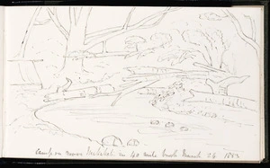 Crawford, James Coutts, 1817-1889 :Camp on River Makakahi in 40 mile bush. March 24 1863.