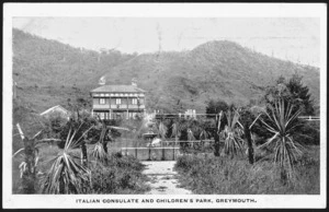 Postcard. Italian Consulate and children's park, Greymouth. Yeadon, photo. Perkins, stationer, Greymouth. [ca 1900-1914]