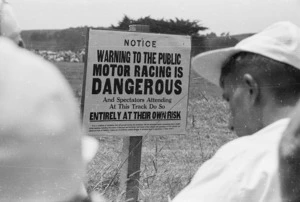Warning notice to spectators at the New Zealand Grand Prix, Ardmore, Manukau, Auckland