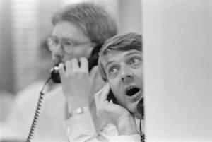 John Smith, sharemarket operator at the Wellington Stock Exchange, during the 1987 stock market crash - Photograph taken by Ross Giblin