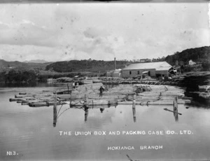 View over floating and chained logs to the Union Box and Packing Case Company, Hokianga Branch, Rawene