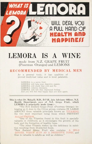Lemora Wine Co[mpany] :What is Lemora? Lemora will deal you a full hand of health and happiness. [1930-1940s].