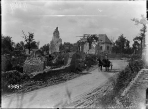 A badly shelled, scarred French village just behind the lines, World War I