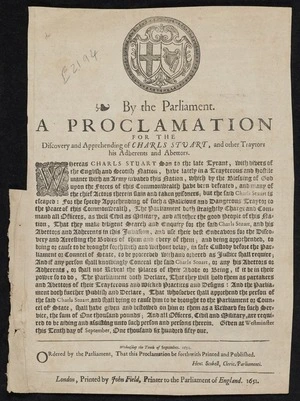 By the Parliament. A proclamation for the discovery and apprehending of Charls Stuart, and other traytors his adherents and abettors.
